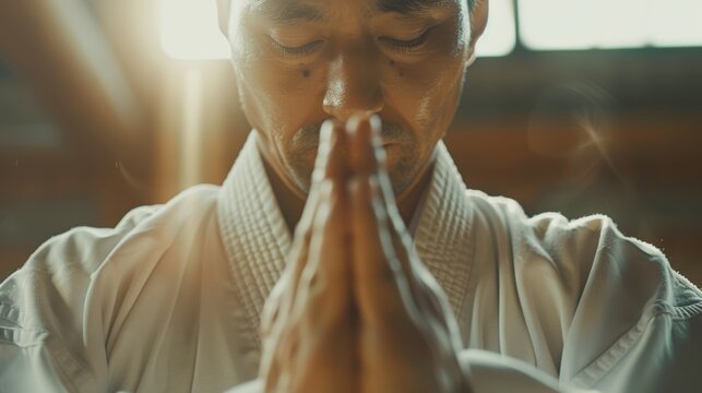 Male individuals showing respect through a bow in a martial arts setting, demonstrating etiquette, commitment, and honor toward their instructor during practice