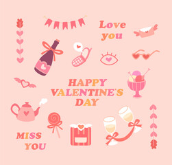 
Retro Valentine's Day set. Retro elements and inscriptions for stickers, pins, cards.
