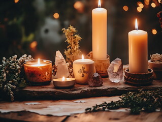 yule altar with candles and crystal stones