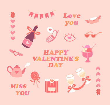 Fototapeta  Retro Valentine's Day set. Retro elements and inscriptions for stickers, pins, cards.
