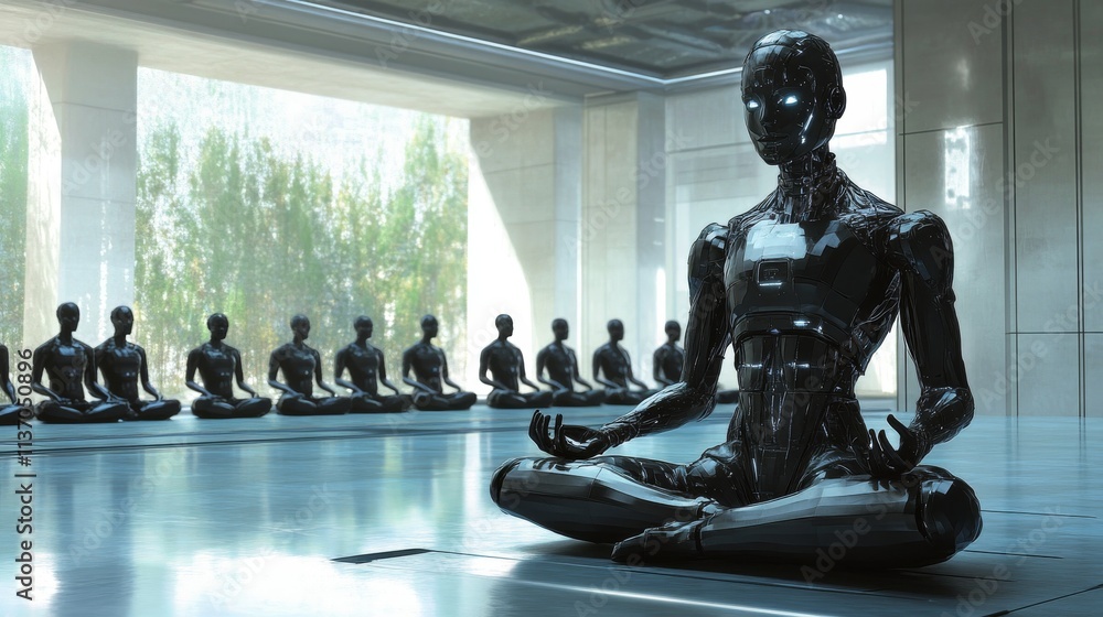 Poster a group of advanced robots practice meditation in a peaceful, futuristic environment. the serene sce
