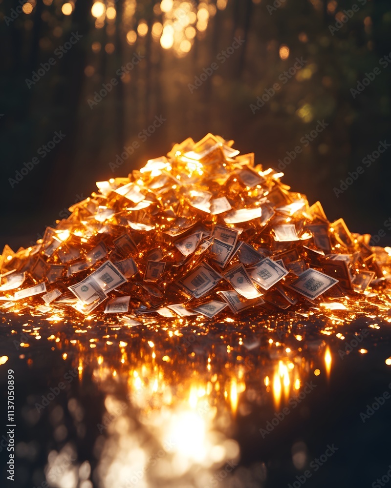 Poster a shimmering pile of money in a forest setting, reflecting light and creating a magical atmosphere.