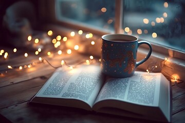 Blue christmas mug with reindeer and snowflakes design sits on an open book near a window with...