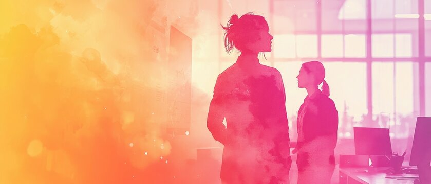 Young women engaged in discussion in bright workspace with abstract warm tones and soft focus effect