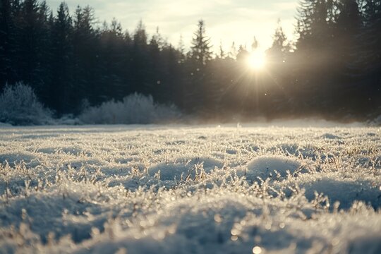 Low angle view of a snow and frost covered grass field with a winter forest in the background and sun shining through the trees in a cold winter morning