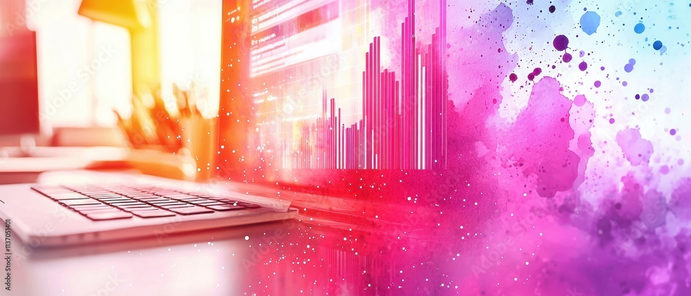 Aufkleber colorful data visualization on laptop screen with abstract background in bright office environment