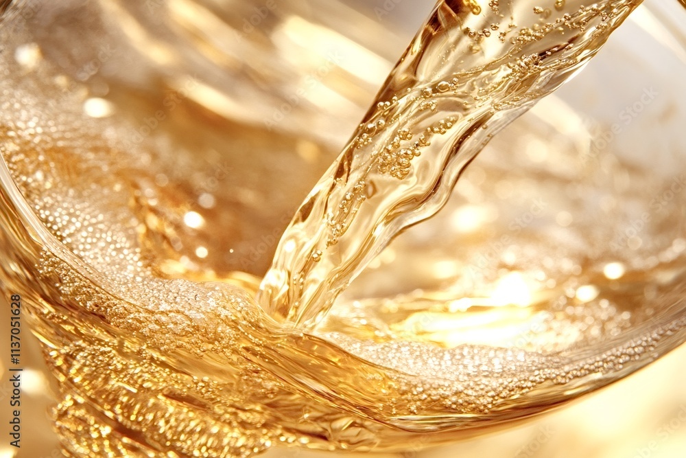 Poster refreshing golden sparkling wine is pouring into a glass, creating a beautiful swirl of bubbles and 