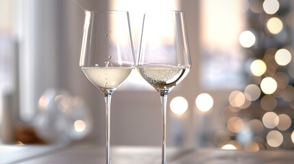 Two champagne glasses clinking in celebration, with bubbles rising and soft lighting reflecting off the glass, against a blurred elegant background.