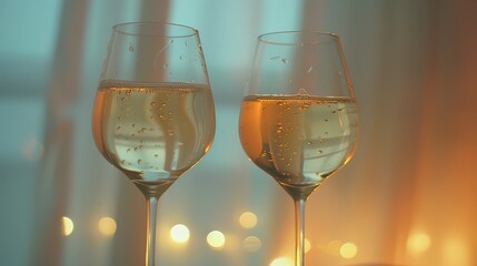 Two champagne glasses clinking in celebration, with bubbles rising and soft lighting reflecting off the glass, against a blurred elegant background.