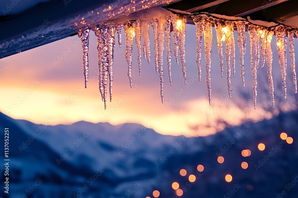 Poster sharp icicles hanging from a snow-covered roof with a string of lights at sunset, creating a beautif