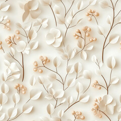 Elegant floral seamless pattern featuring delicate leaves and soft berries in neutral tones, creating serene and sophisticated atmosphere
