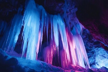 Illuminated ice stalactites glowing in vibrant pink and blue light hang from the ceiling of a dark, frozen cave, creating an enchanting and magical atmosphere within the icy landscape