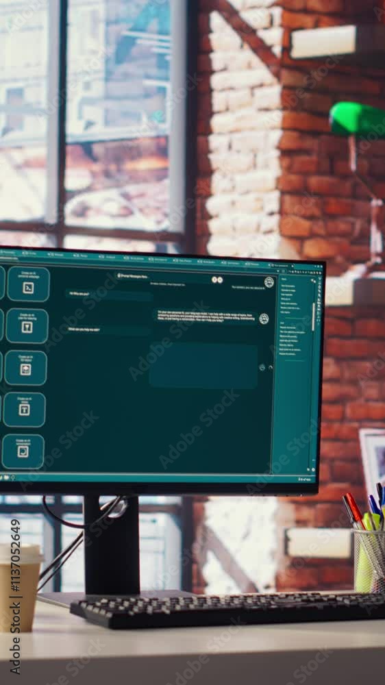 Poster computer setup in brick walls tech industry workspace showing large language model program. pc in it