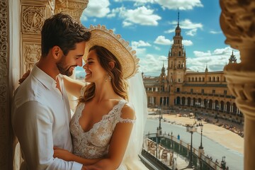 Newlyweds embracing and smiling with plaza de españa in the background during their honeymoon in seville, spain