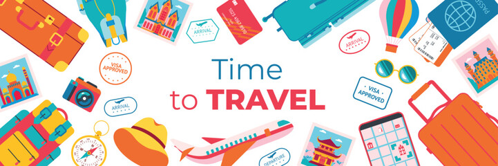 Travel background with symbols of airplane, luggage, passport, ticket, bank card, compass, landmark photos. Background, banner, flyer, coupon, voucher