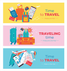 Set of travel backgrounds with luggage, ticket, passport, smartphone with map, airplane, bank card, compass, camera. Banner, flyer, coupon, voucher