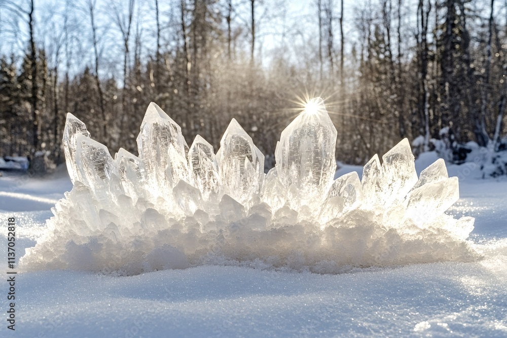 Poster sunlight creates a starburst as it shines through a cluster of ice crystals standing on a bed of spa