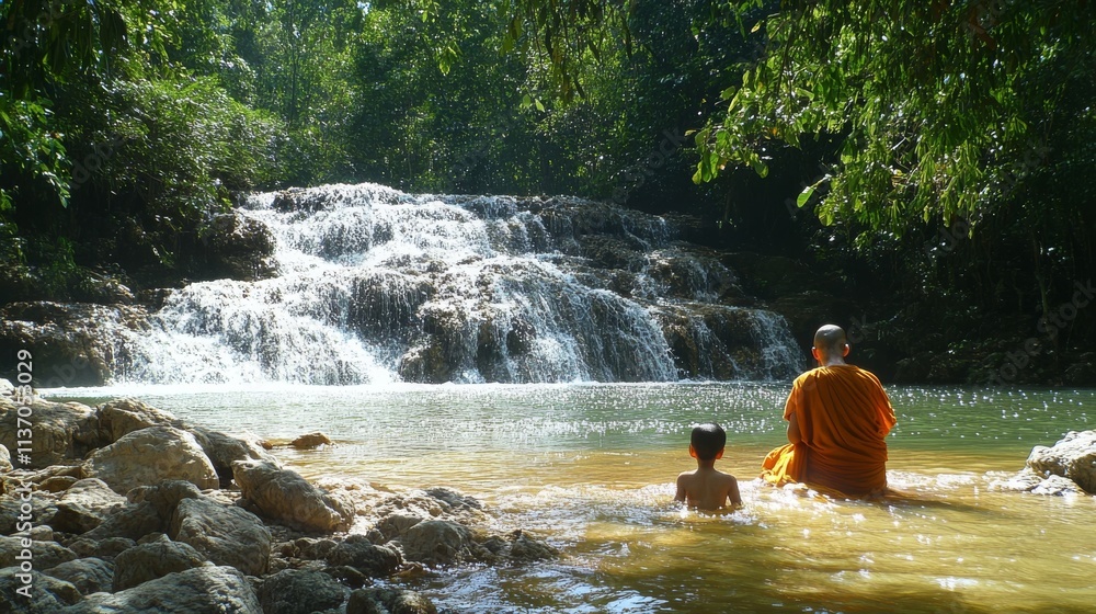 Poster a peaceful scene of a monk and a child sitting by a cascading waterfall in the middle of a dense for