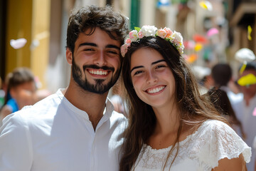 Young couple smiling during a religious procession, wearing white clothes and flower crown