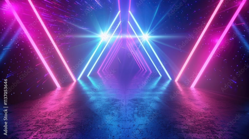 Poster a vibrant, futuristic scene with neon lights and reflective surfaces creating a dynamic atmosphere.