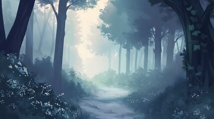 Obraz premium Misty Forest Path Leading to Sunlight