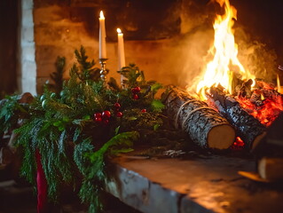 fireplace with burning logs yule