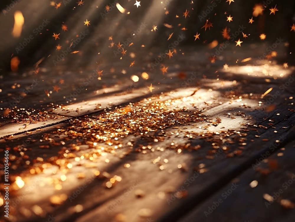 Poster a serene scene with sparkling particles and soft light illuminating a wooden surface.