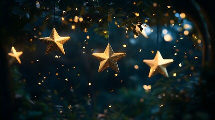 A serene scene featuring glowing stars hanging amidst a lush, enchanting background.