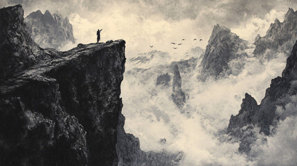 A secluded mountain pass, where howling winds echo through jagged cliffs and the silhouettes of ghostly figures can be seen.