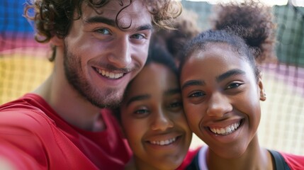 Two young athletic squash players smiling for a selfie after their game, posing closely for a social media post
