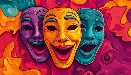 An abstract and artistic illustration of colorful drama masks