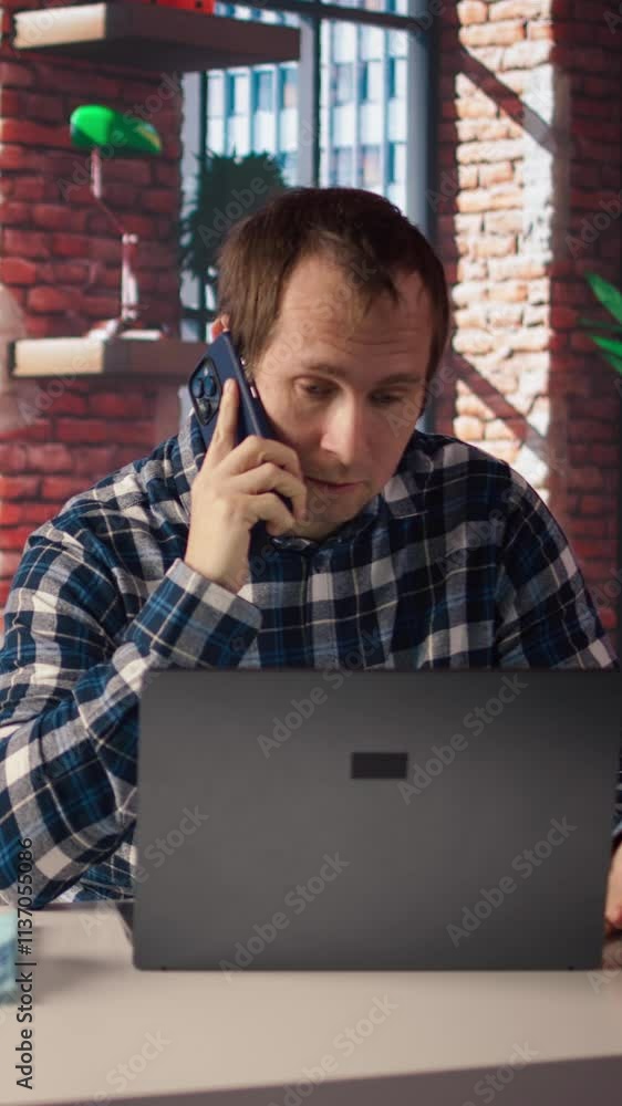 Aufkleber manager at work arguing with employee during phone call after finding mistakes in spreadsheets on la