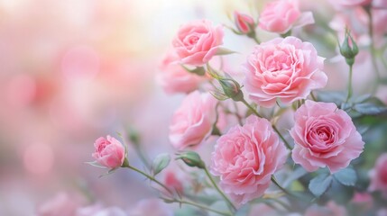 Beautiful soft pink roses bloom in a delicate, dreamy garden setting. The pastel tones and soft focus evoke a sense of romance, tranquility, and natural beauty, perfect for floral and nature-themed