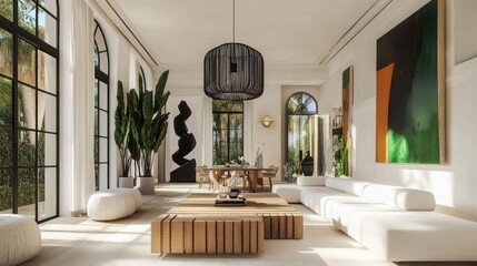 Luxurious living room with modern furniture, large windows, and artwork.