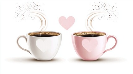 Two coffee cups with heart designs and steam forming friendship symbols, vector illustration, isolated on a white background, cozy and cute