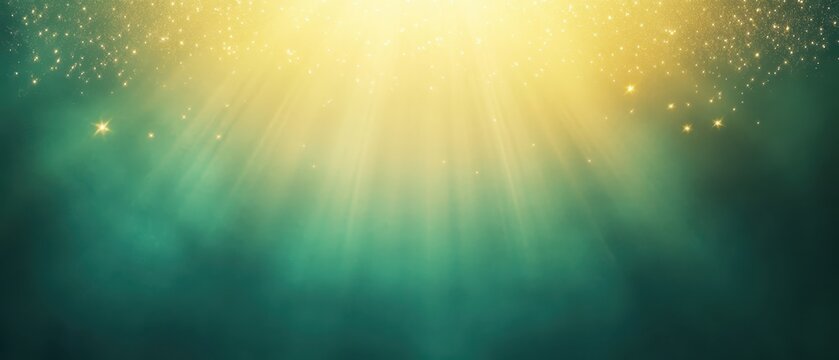 A serene backdrop with rays of light shining through the misty atmosphere.