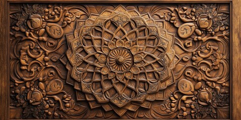 beautiful background of Islamic patterns carved in wood, with intricate designs and rich colors