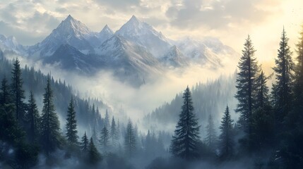Fototapeta premium Majestic Snowy Mountains Enveloped in Misty Forest