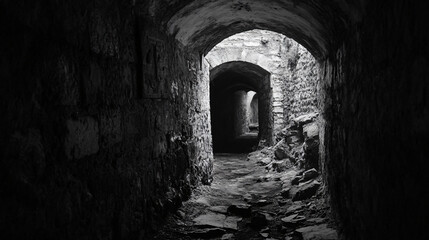 Obraz premium A secret passage beneath an ancient castle, where the walls are lined with forgotten relics and a cold wind whispers from the depths.