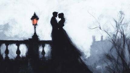 A couple dancing on a balcony in the evening, with lanterns and a full moon.