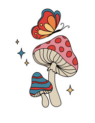 Groovy Retro Mushrooms and Butterfly