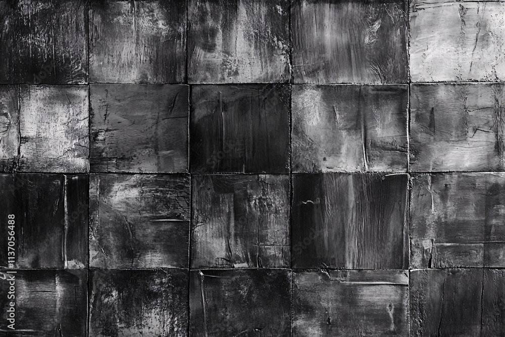 Poster abstract black and white artwork featuring a grid of textured square patterns with distressed and la