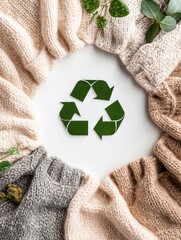 Wool Sweaters in Circle with Green Recycling Symbol and Leaves.Sustainability. Renewal. Eco-conscious fashion.Eco-friendly fashion, recycling concept, sustainable clothing, environmental awareness, gr