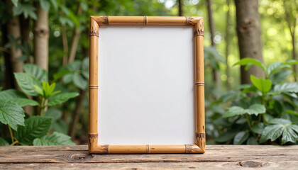 Handcrafted bamboo picture frame in lush eco-friendly setting, natural design