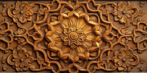 beautiful background of Islamic patterns carved in wood, with intricate designs and rich colors