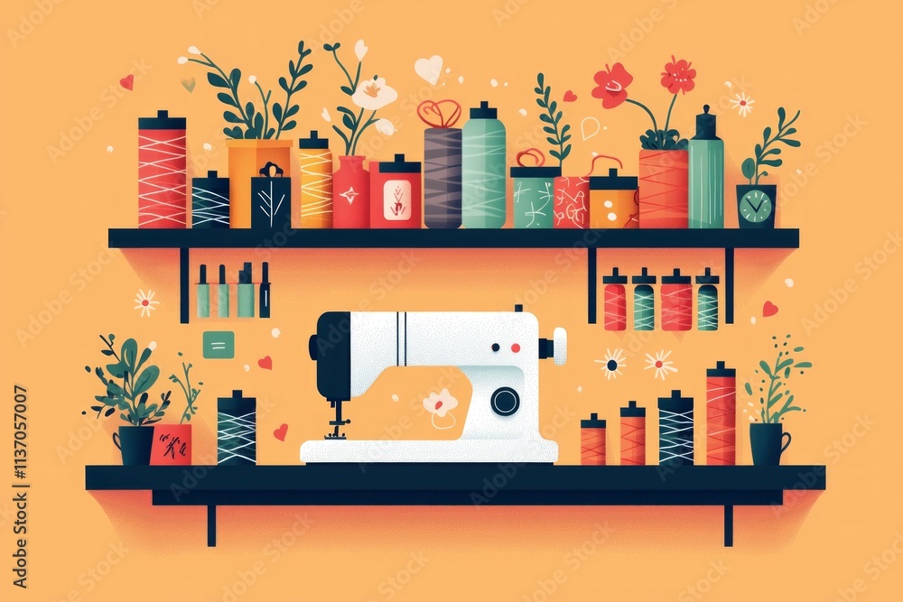 Poster vibrant sewing machine sits on shelf surrounded colorful spools of thread and decorative plants crea