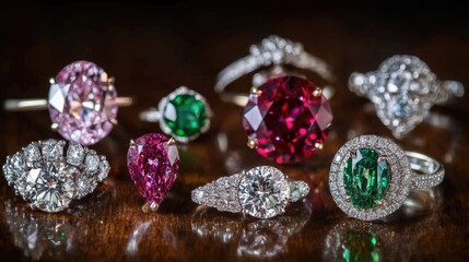 Elegant Collection of Colorful Gemstone Rings on Dark Surface