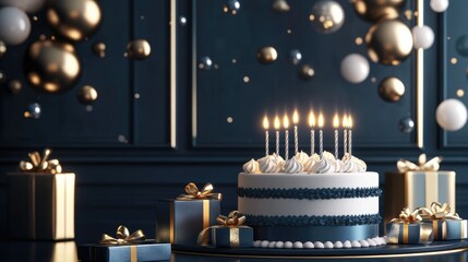 Elegant birthday scene, stylish cake with candles, luxury gift boxes, and a sophisticated greeting
