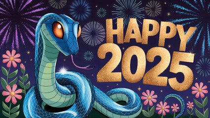 Festive Blue Snake with Golden "Happy 2025" Surrounded by Fireworks and Flowers in a Vibrant New Year Celebration