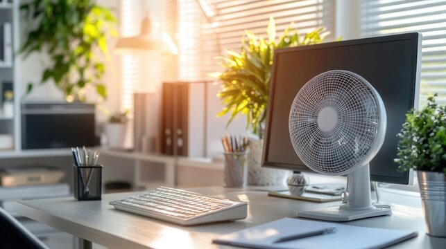 Modern Home Office with Desk Fan, Computer, and Indoor Plants
